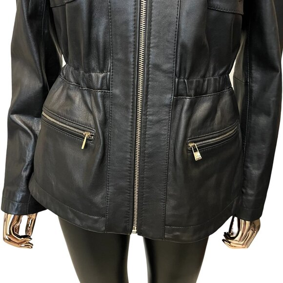 Karl Lagerfeld Black Genuine Leather Jacket W/Detachable Faux Fur Collar Medium - Picture 6 of 14